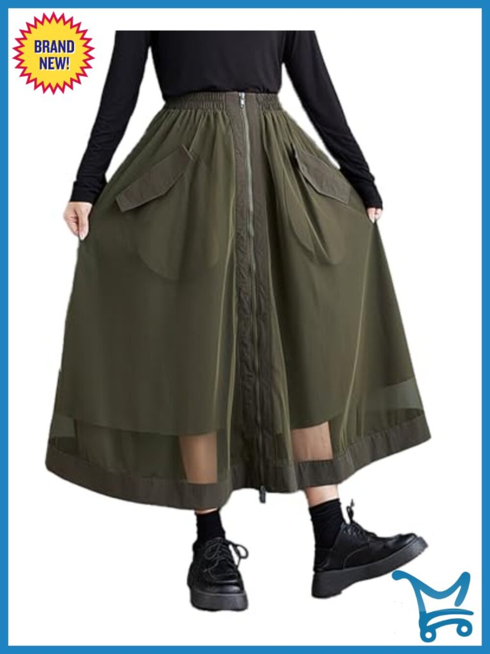 Wide Leg Sheer Skirt Elastic Waist Flowy Zipper Pockets Loose Midi